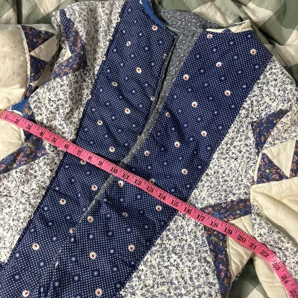 Handmade Quilt Coat Upcycled Patchwork Open Front Blue Shacket Jacket Floral - Picture 5 of 7
